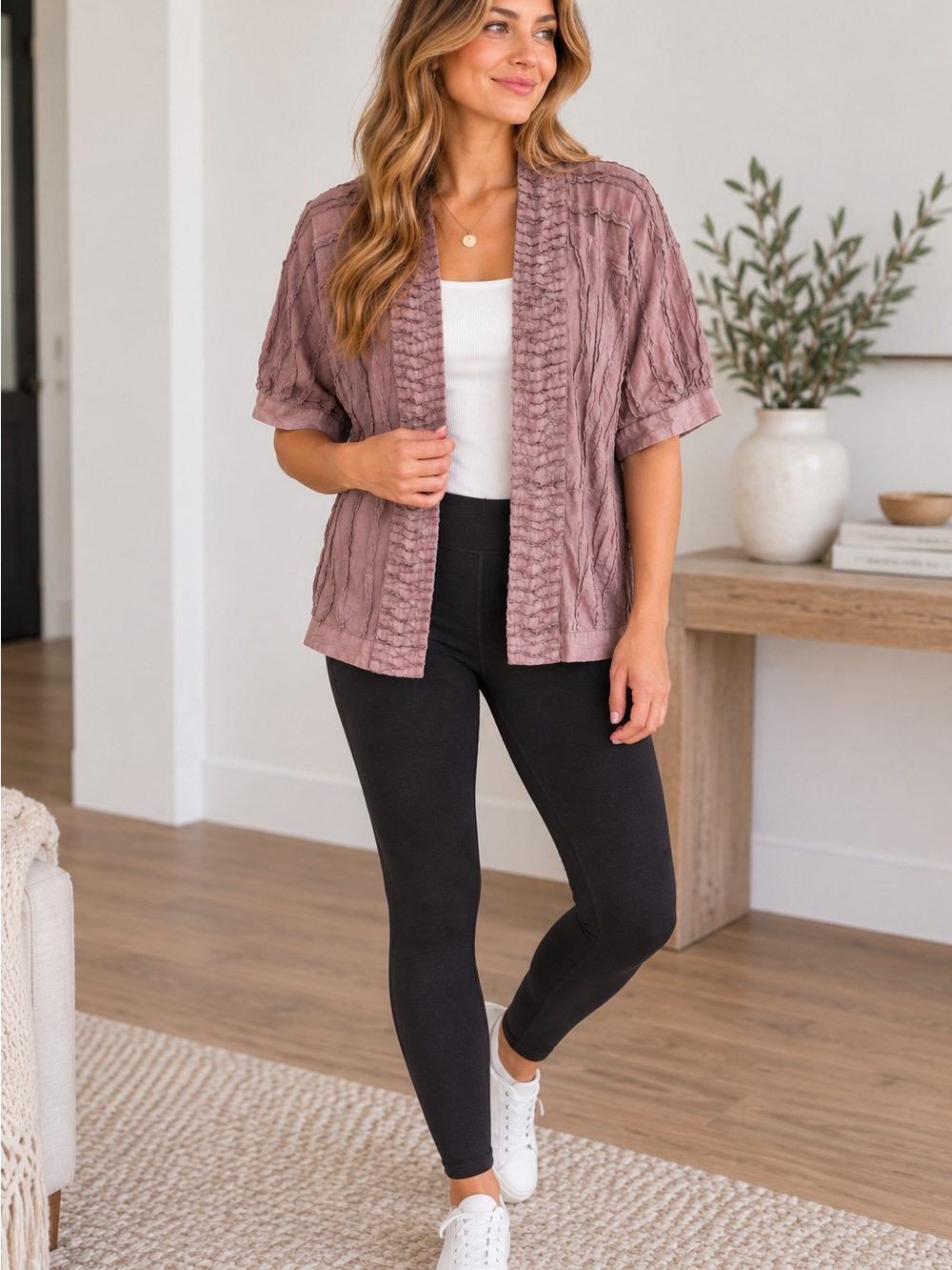Requirements Mauve Textured Ruched Open Front Cardigan Top M